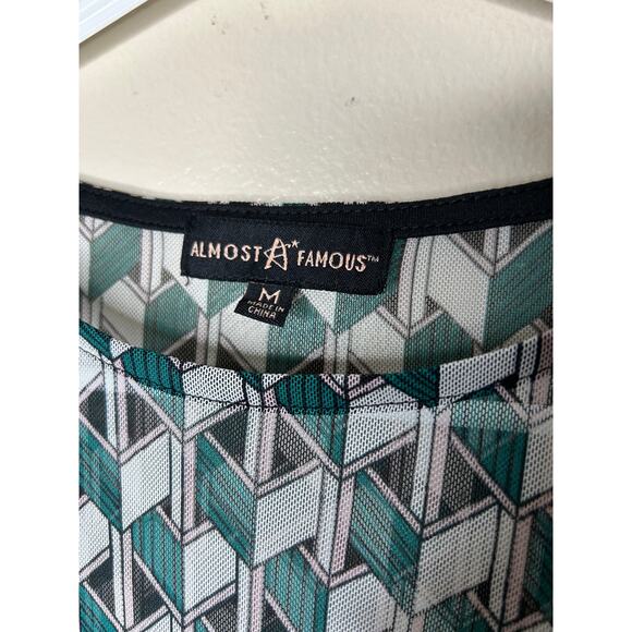 NWT Almost Famous Mesh Layered Geometric Print Green Pink And Black Blouse - Picture 2 of 4